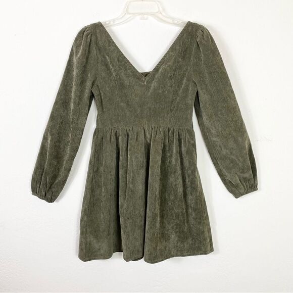 Shein Olive Green Corduroy Long Sleeve Round Neck Mini Dress - Picture 2 of 6